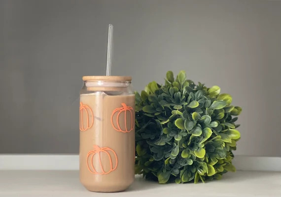 Fall Themed Drinking Glass Fall Iced Coffee Glass Jar Glass - Etsy | Etsy (US)
