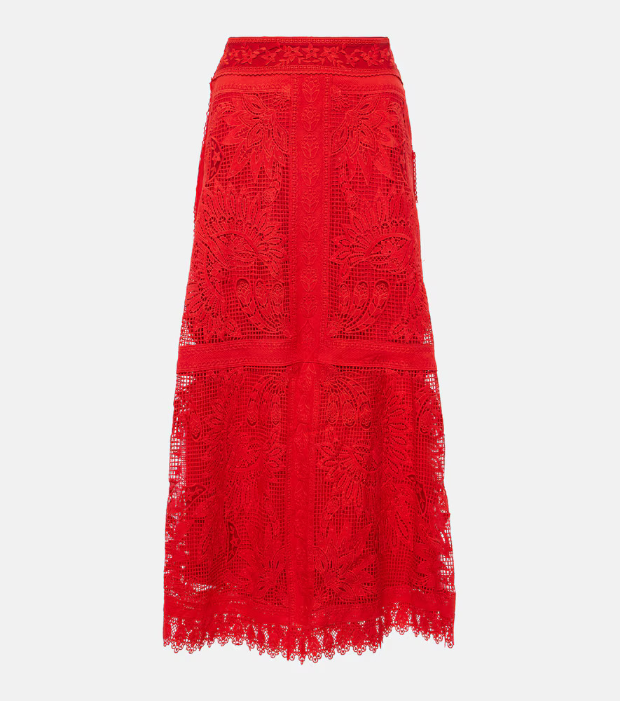 Farm Rio Red Toucan guipure lace midi skirt | Mytheresa (US/CA)