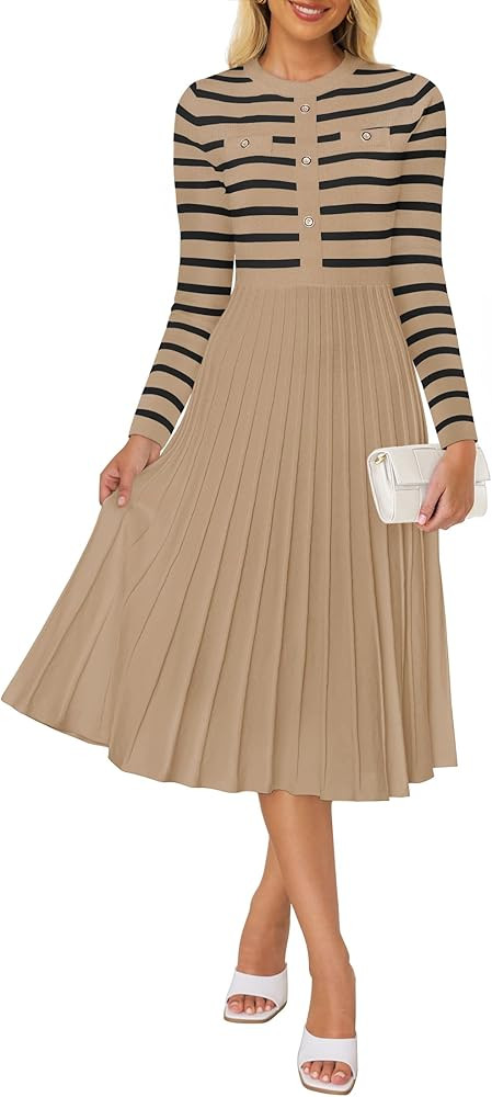 ZESICA Womens Long Sleeve Striped Midi Dresses Crewneck Button Ribbed Knit Pleated A Line Swing S... | Amazon (US)