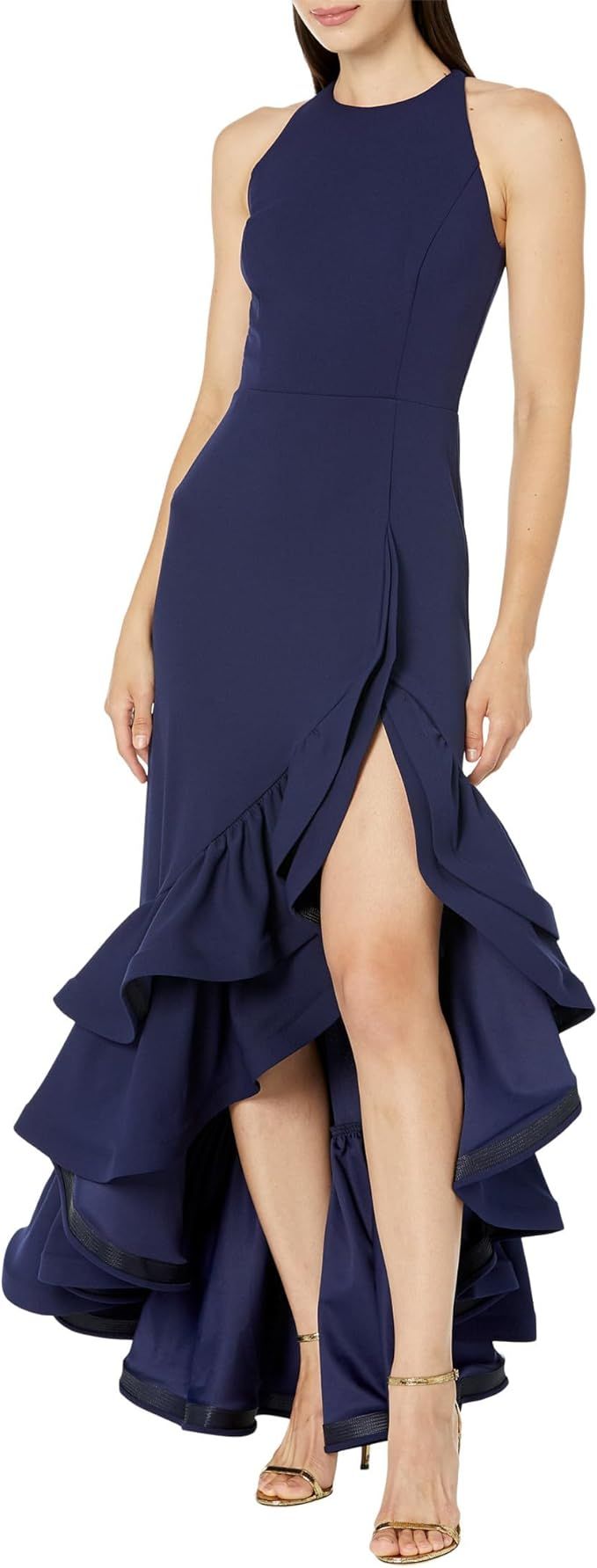 Betsy & Adam Long Halter Crepe Tiered Ruffle Gown | Amazon (US)