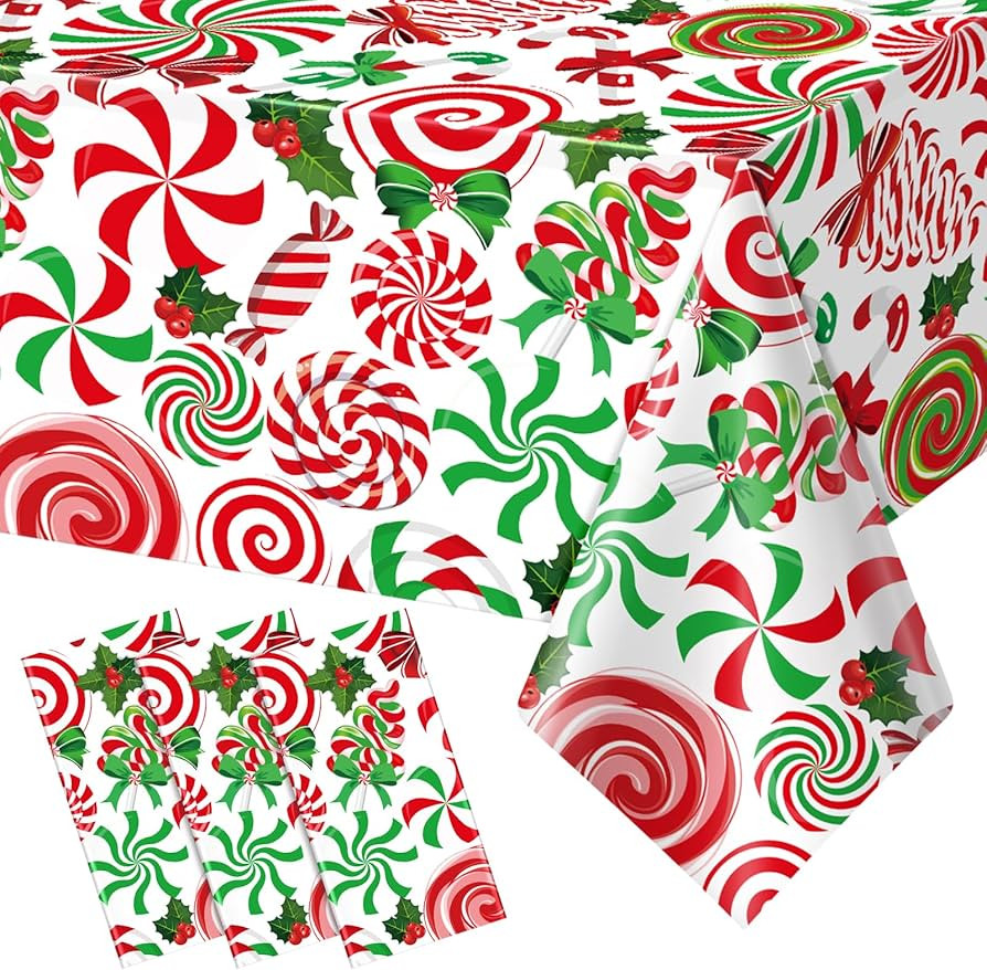 3Pcs Christmas Party Tablecloth Decorations,Red Green Plastic Christmas Ornament Candy Cane Table... | Amazon (US)