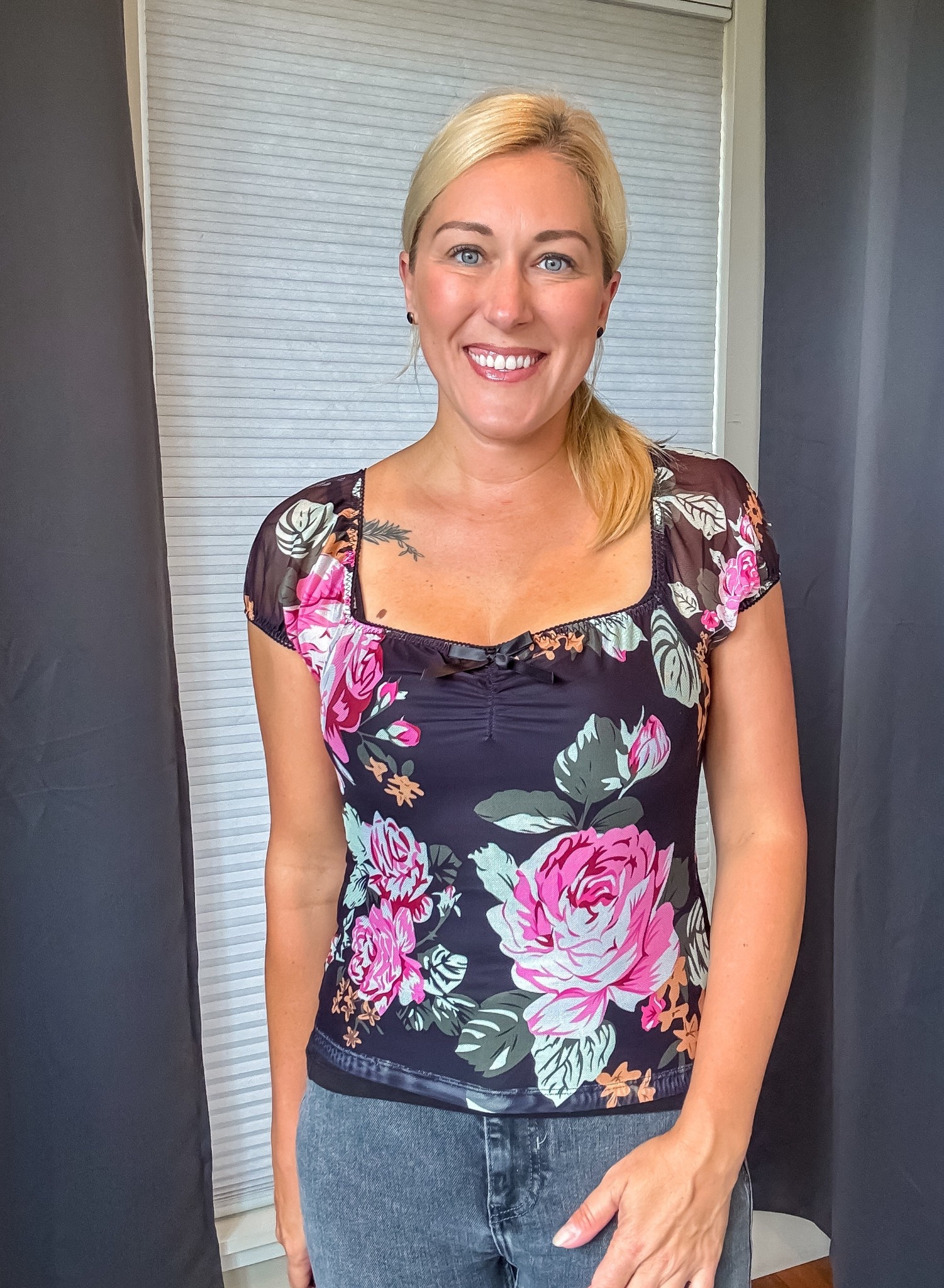 This sheer mesh top is the perfect mix of sweet + sassy.  🌺 Pair it with jeans for casual vibes or dress it up for date night.