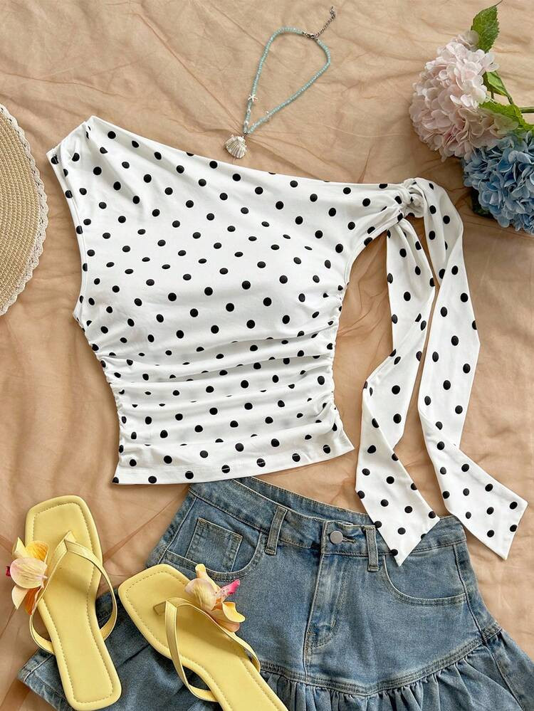 Soleia Polka Dot Top Women's Y2K Polka Dot Print Ruched Asymmetric Shoulder Top Asual Blouses For Ladies Winter Clothes | SHEIN