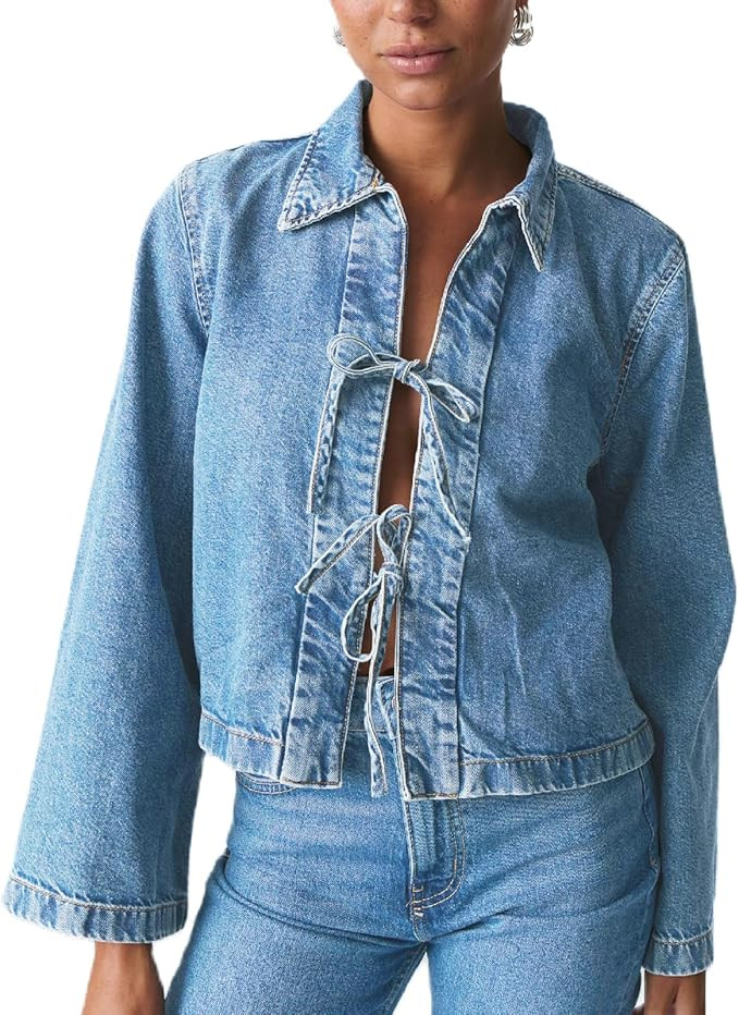Women Fashion Cropped Denim Jacket Tie Front Lapel Neck Long Sleeve Jean Coat Lightweight Shacket... | Amazon (US)