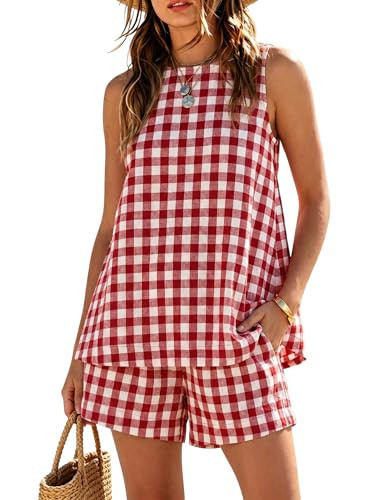 Gozoloma Women's Oversized Gingham 2 Piece Set Crewneck Sleeveless A-Line Top and Relaxed Shorts with Pockets Casual Summer(Red-L) | Amazon (US)