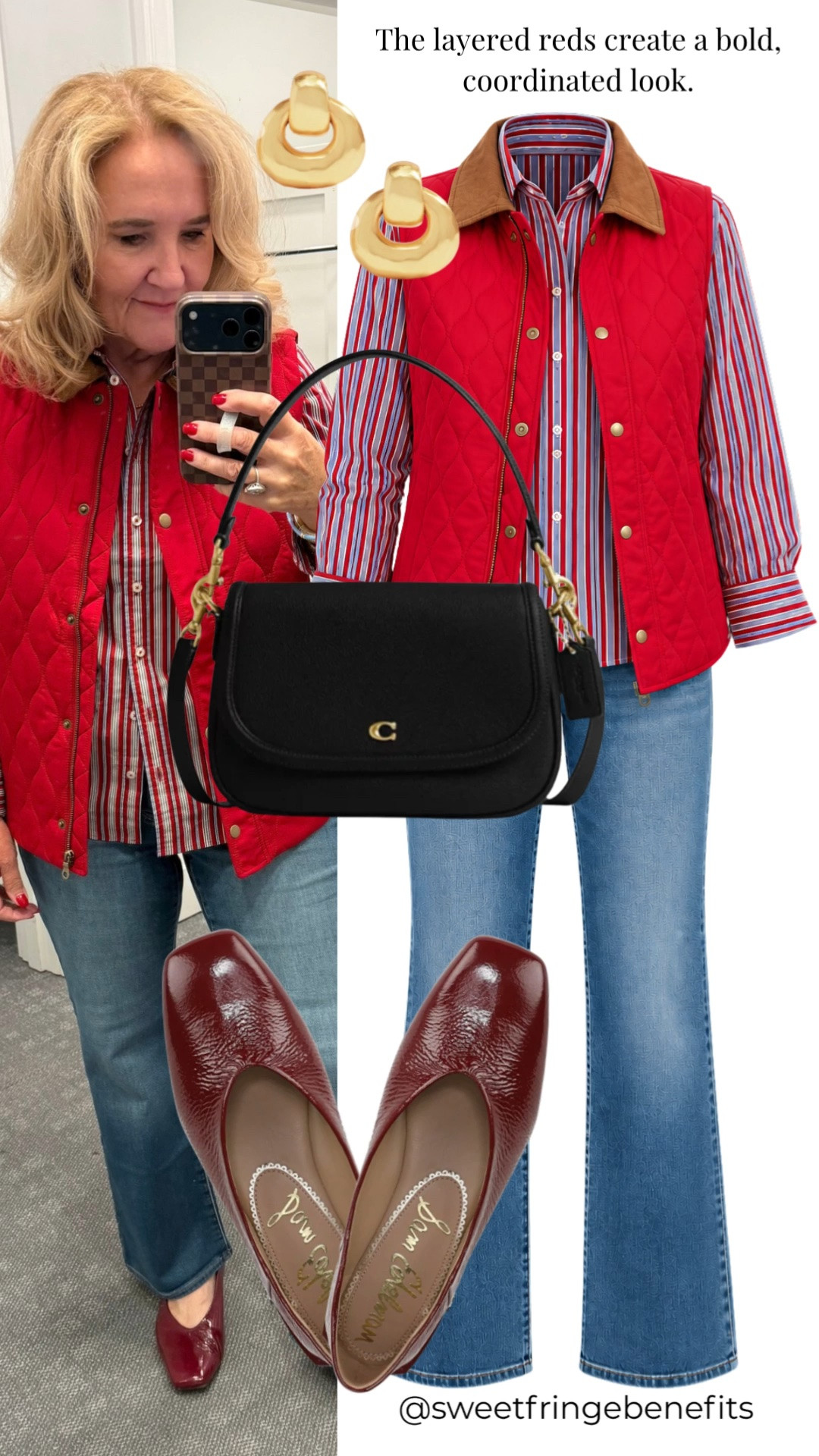 The red layers make this outfit feel so cheerful for fall. I’m in a medium in the jacket and top, with an 8 petite in the jeans, and the burgundy shoes bring it all together.

#LTKootd #LTKWorkwear #LTKOver40