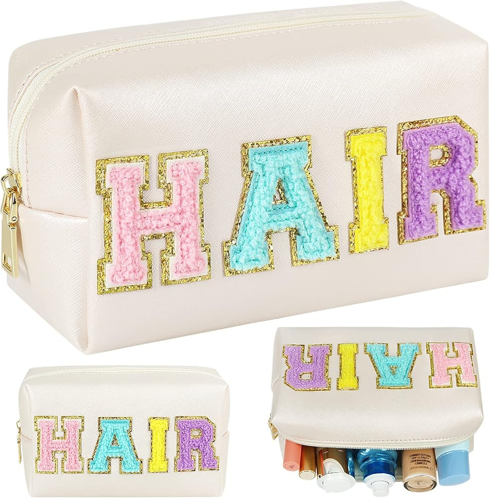Preppy Patch Makeup Bag, Chenille HAIR Letter Cosmetic Bag,PU Leather Skincare Toiletry Bag, Port... | Amazon (US)