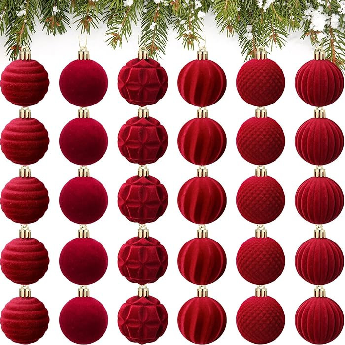 Menkxi 30 Pcs Velvet Christmas Balls Bulk 1.97 Inch Red Flocked Christmas Hanging Ornaments Burgu... | Amazon (US)