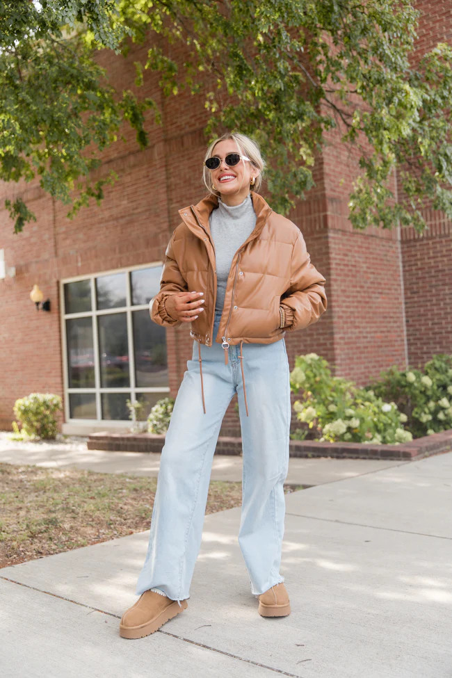 Free Reign Camel Faux Leather Puffer Jacket | Pink Lily