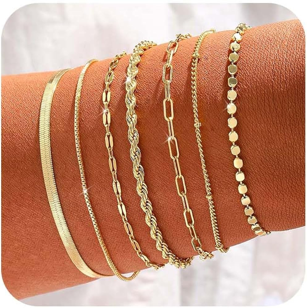 CAROVO Gold Bracelets for Women Waterproof Dainty 14K Gold Plated Stackable Cuban Beaded Link Sna... | Amazon (US)