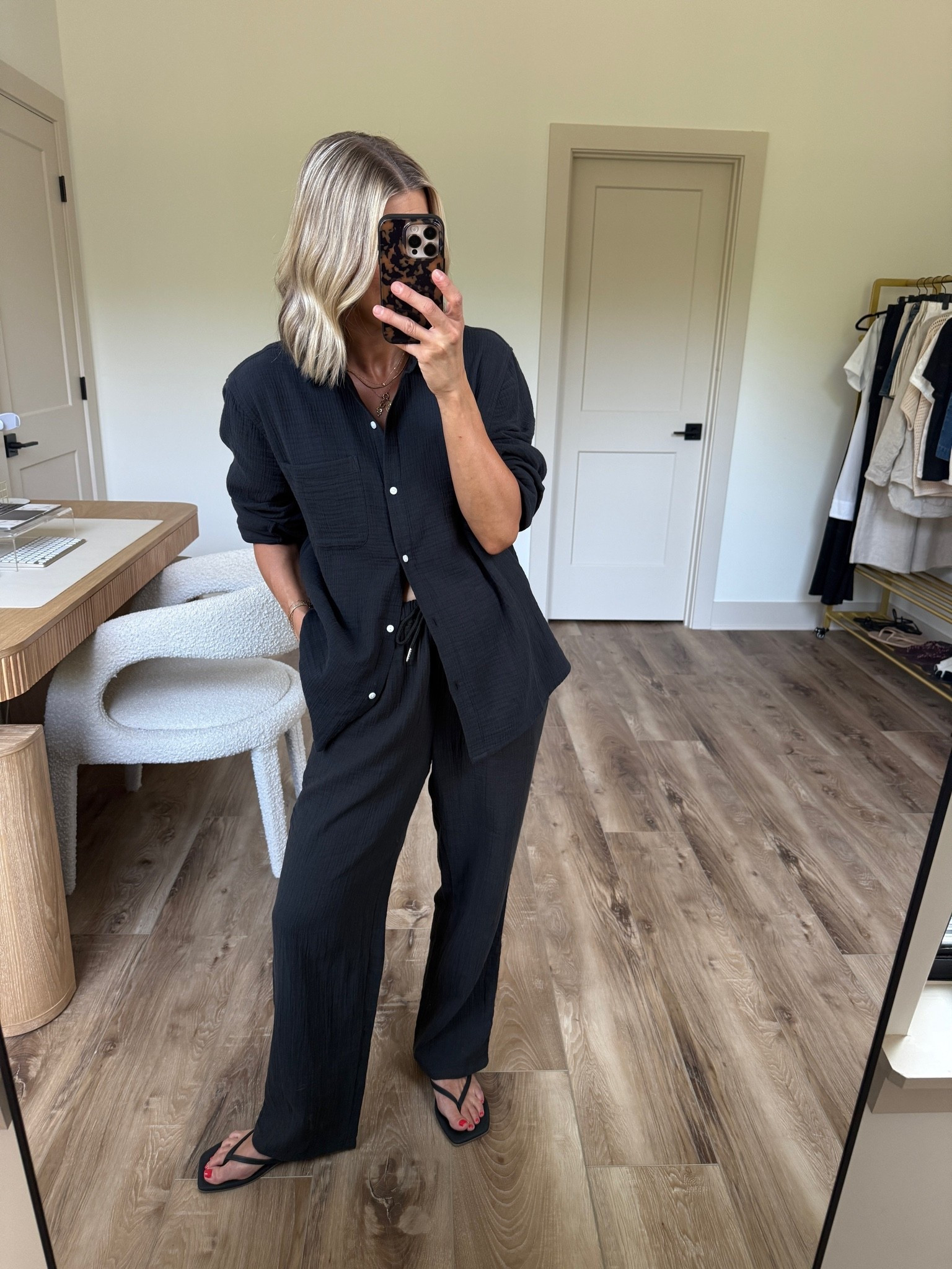 Wearing small gauze pants, medium gauze shirt (sized up), sandals tts