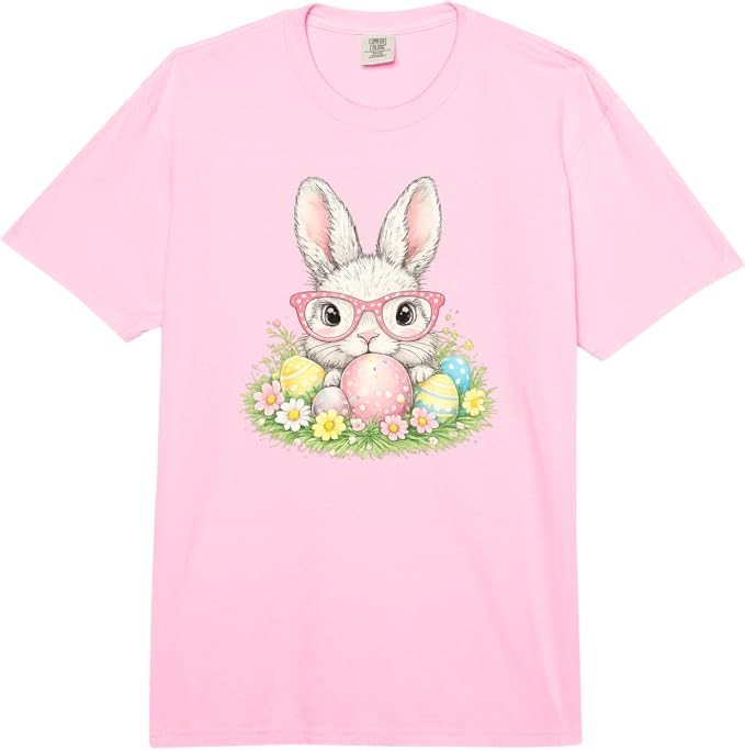 Cute Easter Bunny Glasses Spring Rabbit Pattern Comfort Colors Adult Heavyweight T-Shirt | Amazon (US)