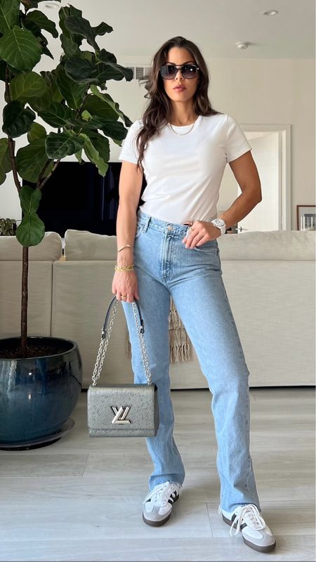Casual summer outfit. 

White t-shirt, jeans, sambas, shakers, Louis Vuitton, summer outfits, travel outfits, 

#LTKStyleTip #LTKShoeCrush #LTKItBag