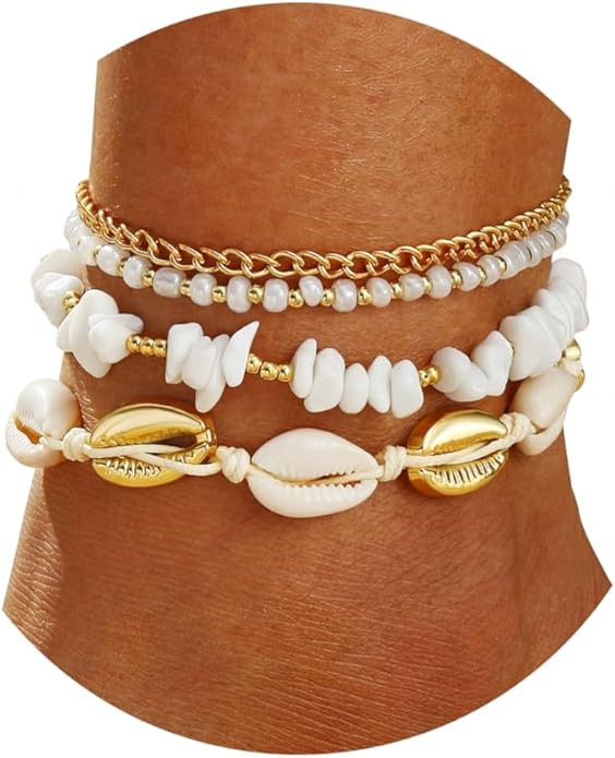 Amazon.com: Qceasiy Shell Ankle Bracelet Set for Women, Gold Plated Boho Bead Adjustable Anklet, ... | Amazon (US)