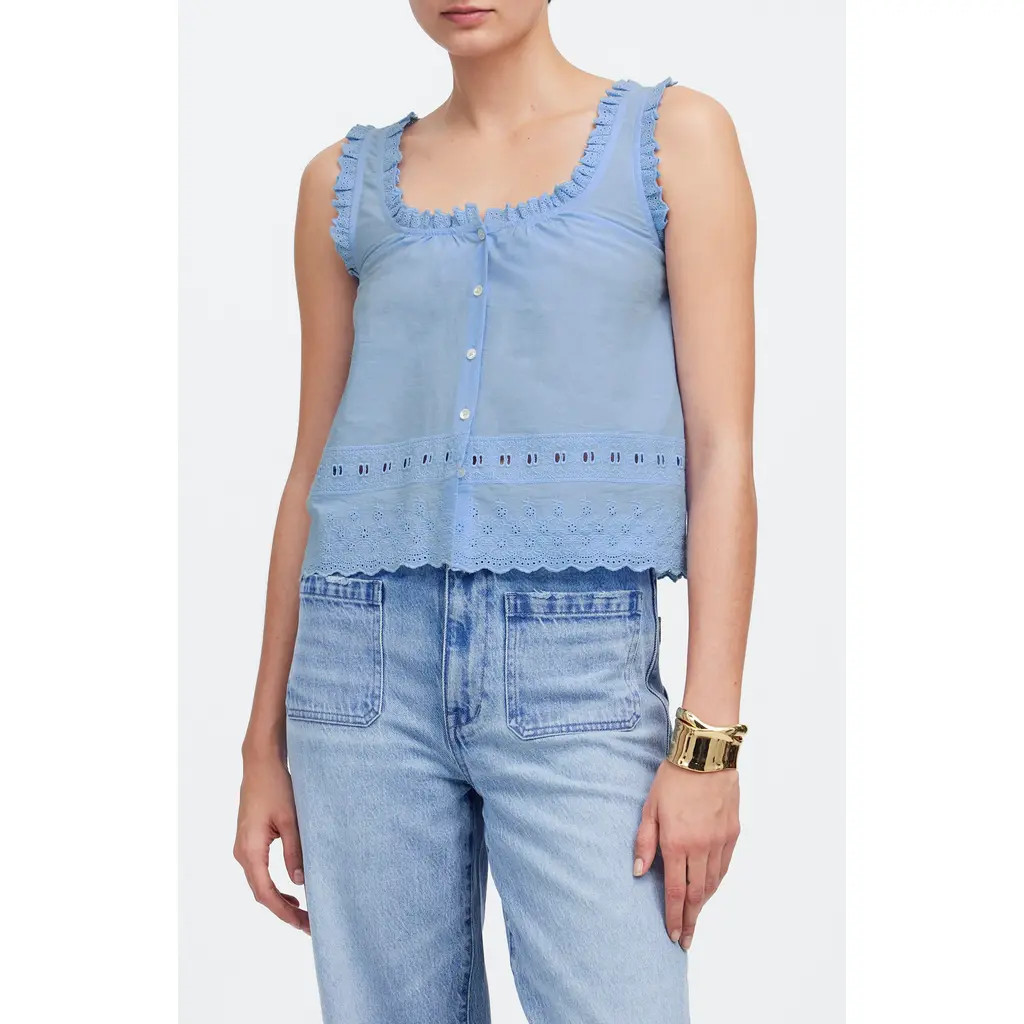 Madewell Embroidered Ruffle Trim Sleeveless Top in Peri Blue at Nordstrom, Size X-Small | Nordstrom