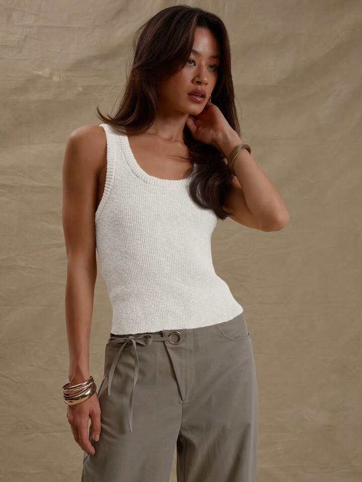 MUSERA Rib Knit Scoop Neck Fitted Sleeveless Tank Knit Top Spring Summer Cute Casual Spring Y2K 90'S Casual Cute Airport Holiday Fall Autumn Winter Everyday | SHEIN