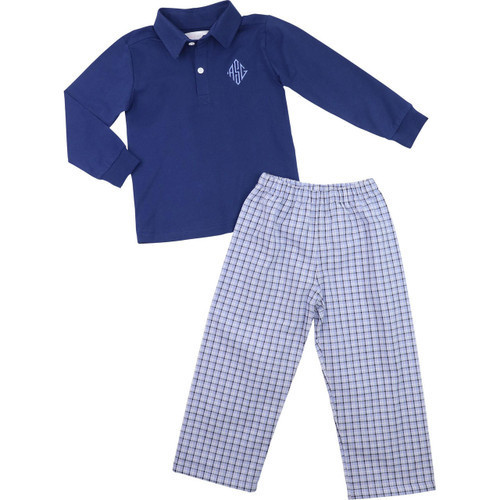 Navy And Blue Plaid Polo Pant Set | Cecil and Lou