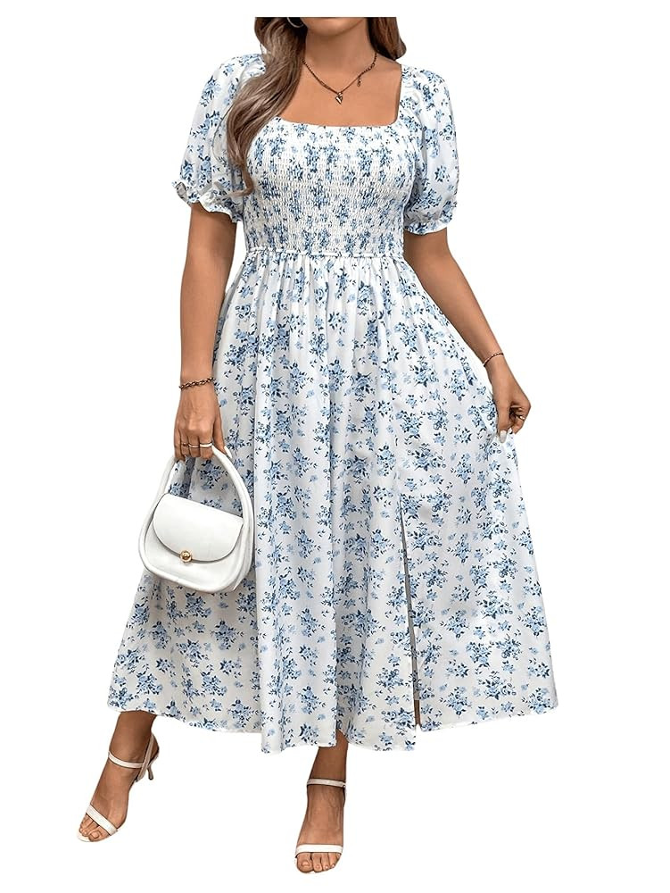 Verdusa Women's Plus Size Boho Floral Long Dress Square Neck Short Puff Sleeve Split Flowy Dress | Amazon (US)