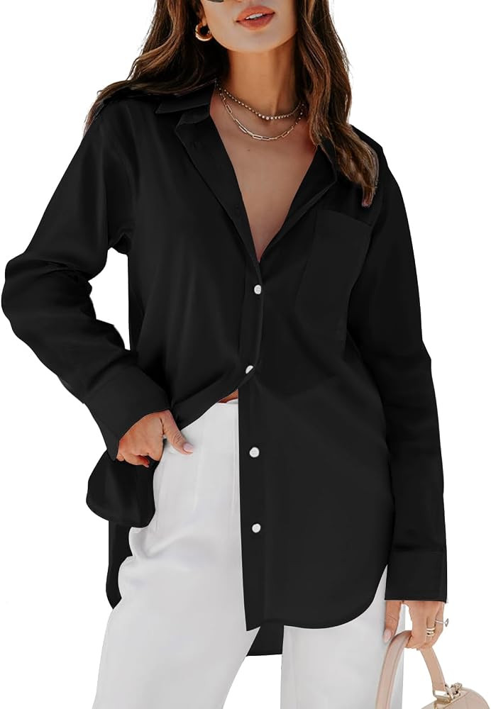 siliteelon Womens Button Down Shirts Dress Shirts Long Sleeve Blouses V Neck Solid Casual Tunics ... | Amazon (US)