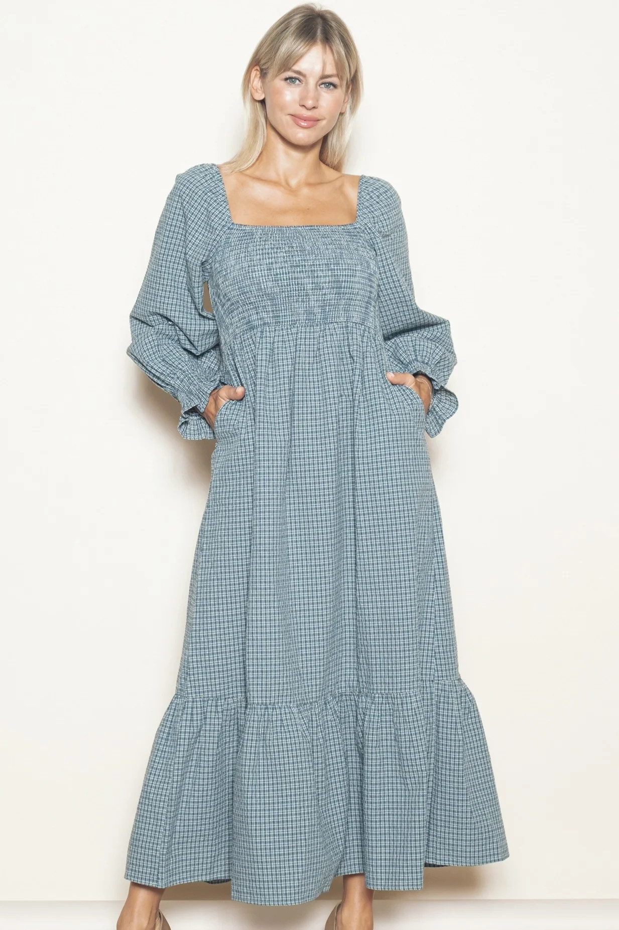 Dusty Blue Plaid Square Neck Long Sleeve Maxi Dress | PinkBlush Maternity