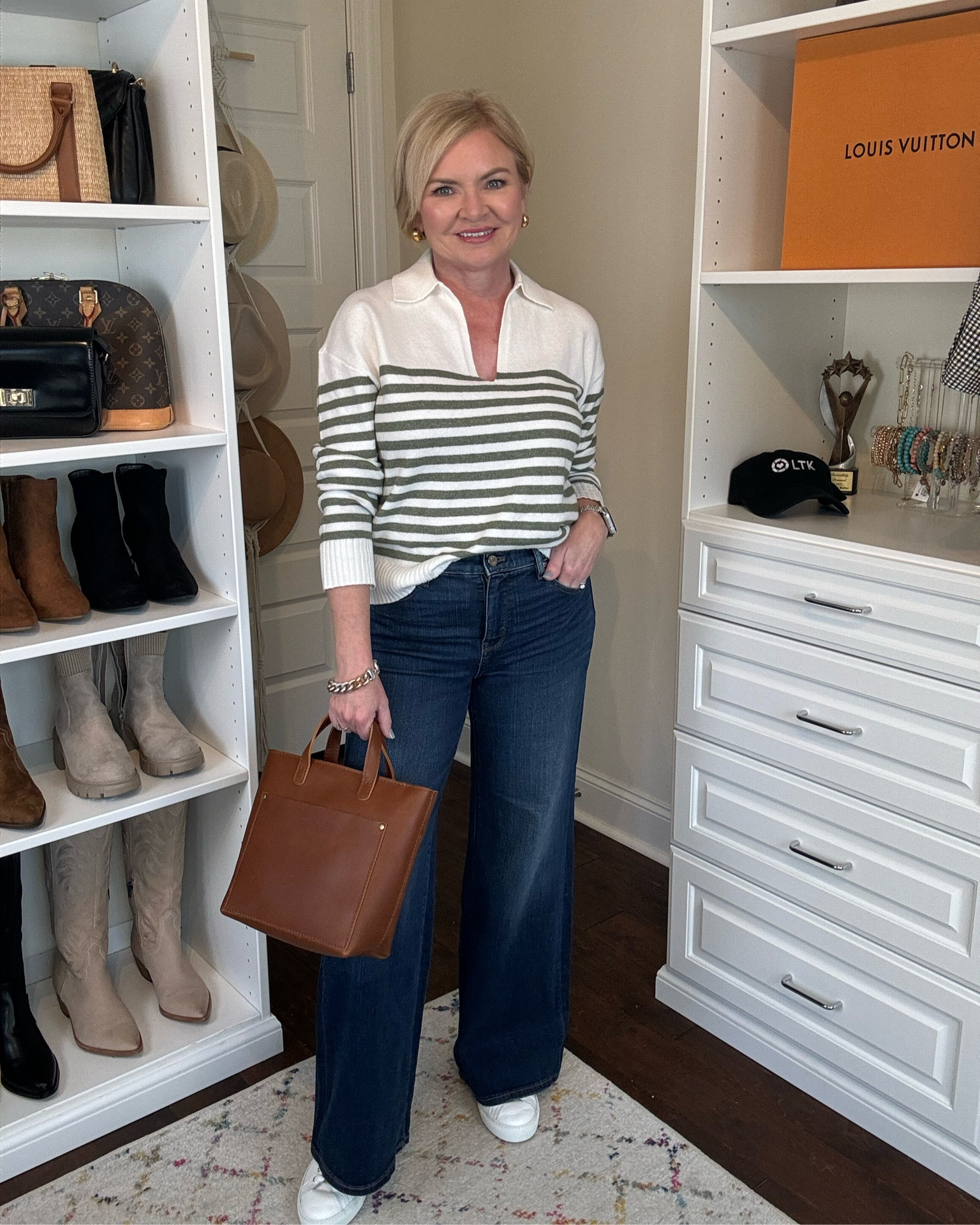 Wearing petite small sweater, 6 petite jeans (but really should've got a 4 petite)
Polo top
Sweater
Stripes
Wide leg jeans 
Sneakers
Petite style

#LTKover40 #LTKfindsunder100 #LTKstyletip