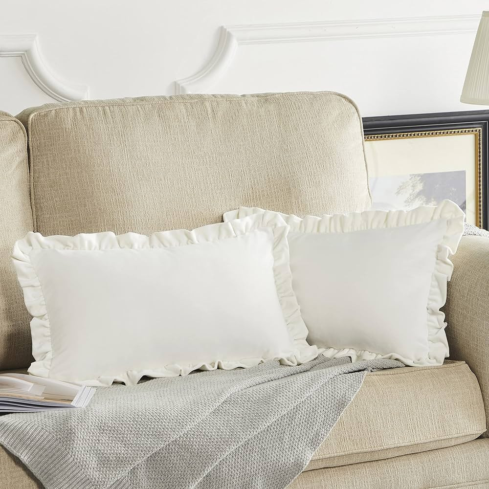 GIGIZAZA Velvet Cream 12x20 Lumbar Pillow Covers, Set of 2 Decorative Ruffle Ivory Cushoin Pillow... | Amazon (US)