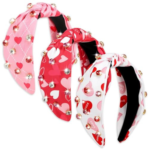 CiyvoLyeen 3PCS Valentine's Day Headbands for Women Love heart Crystal Pearl Wide with Hot Pinkk and Red Heart Hairband Valentine's Hair Accessories Outfits Holiday Gifts | Amazon (US)