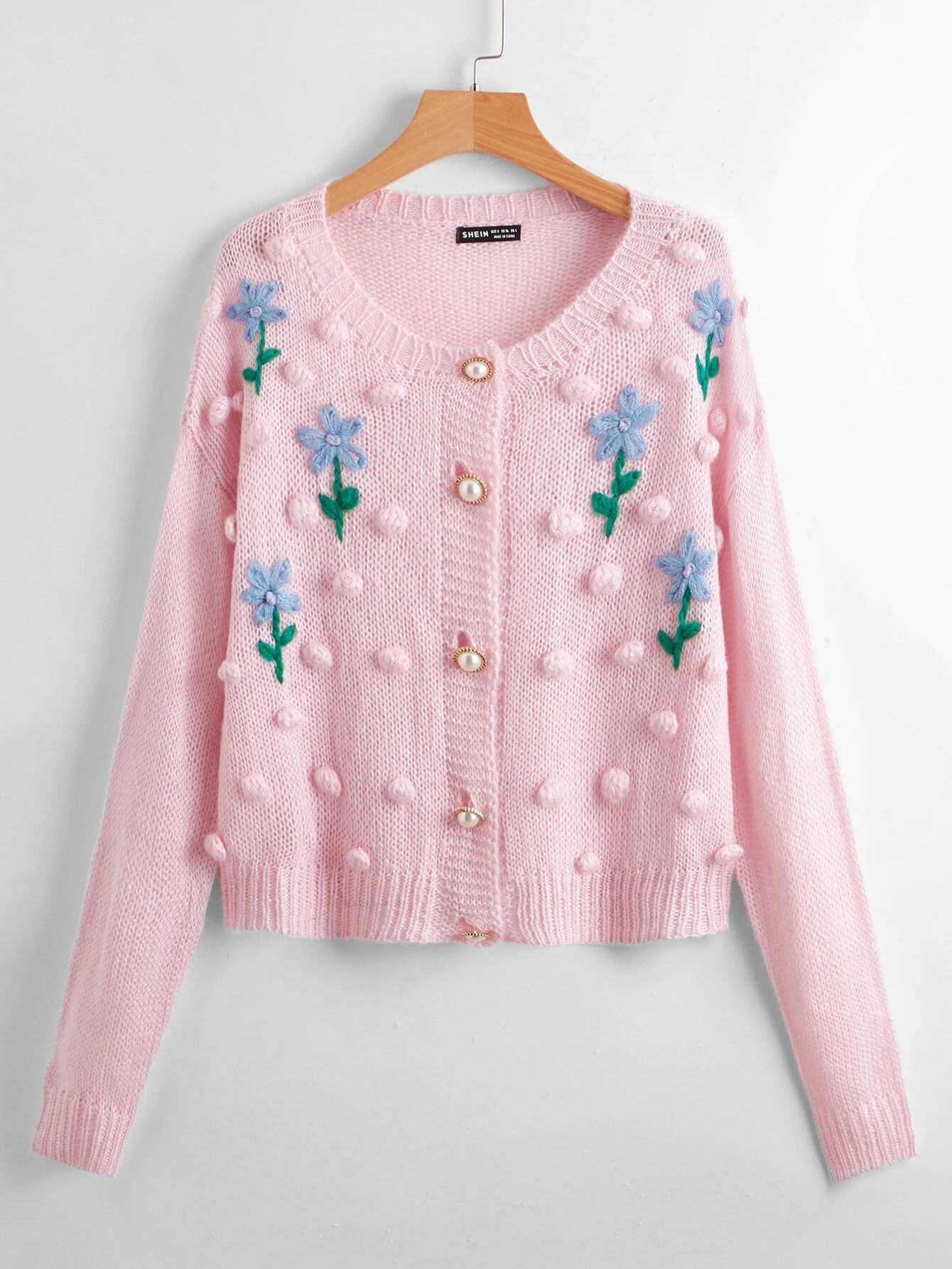 Floral Pattern Pom Pom Button Front Cardigan | SHEIN