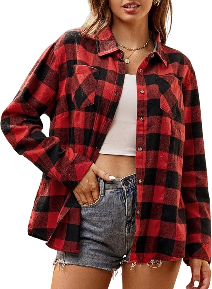 Alex Vando Womens Flannel Shirt Regular Long Sleeve Button Down Flannel Shirts for Women | Amazon (US)