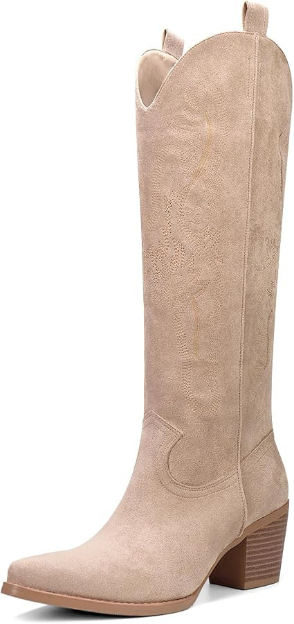VBDB Cowboy Boots for Women Knee High Boots Pointy Toe Suede Boots with Embroidered Chunky Heel W... | Amazon (US)