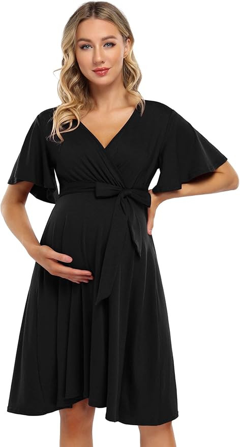 Coolmee Women's Wrap Maternity Dress Empire Waist Knee Length Midi Dress with Belt Baby Shower or... | Amazon (US)