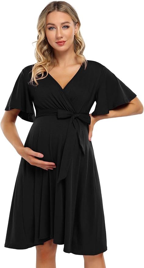 Coolmee Women's Wrap Maternity Dress Empire Waist Knee Length Midi Dress with Belt Baby Shower or... | Amazon (US)