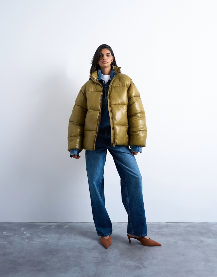 Topshop high shine mid length funnel neck puffer jacket in khaki-Green | ASOS (Global)