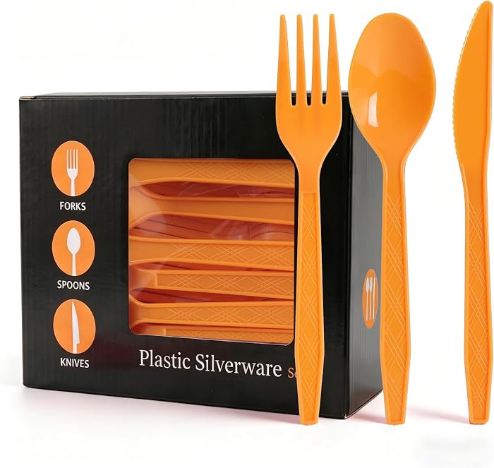 Orange Plastic Cutlery Set, 90-Piece Heavy-Duty Disposable Utensils for 30 Guests, Orange Forks S... | Amazon (US)