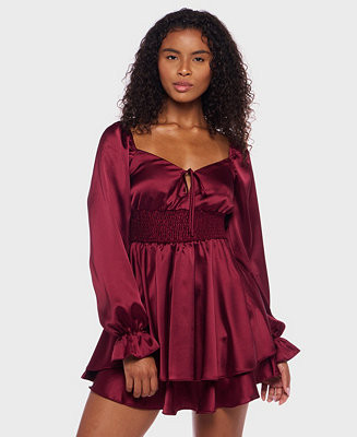 Juniors' Satin Tie-Neck Smocked-Waist Dress | Macy's