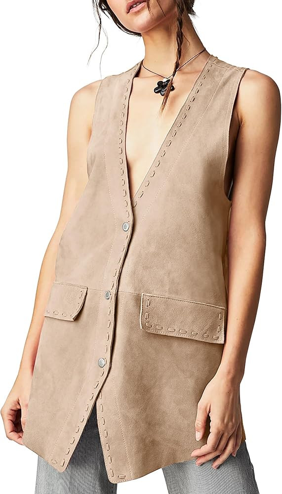 Locachy Women's Vintage Suede Vest Casual Button Down Waistcoat Steampunk Dress with Pockets | Amazon (US)