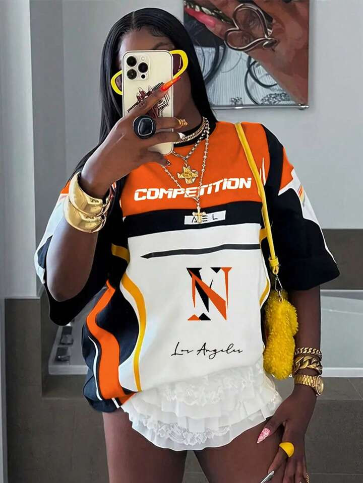 Women's Contrast Color Patchwork Letter Print Short Sleeve T-Shirt | SHEIN