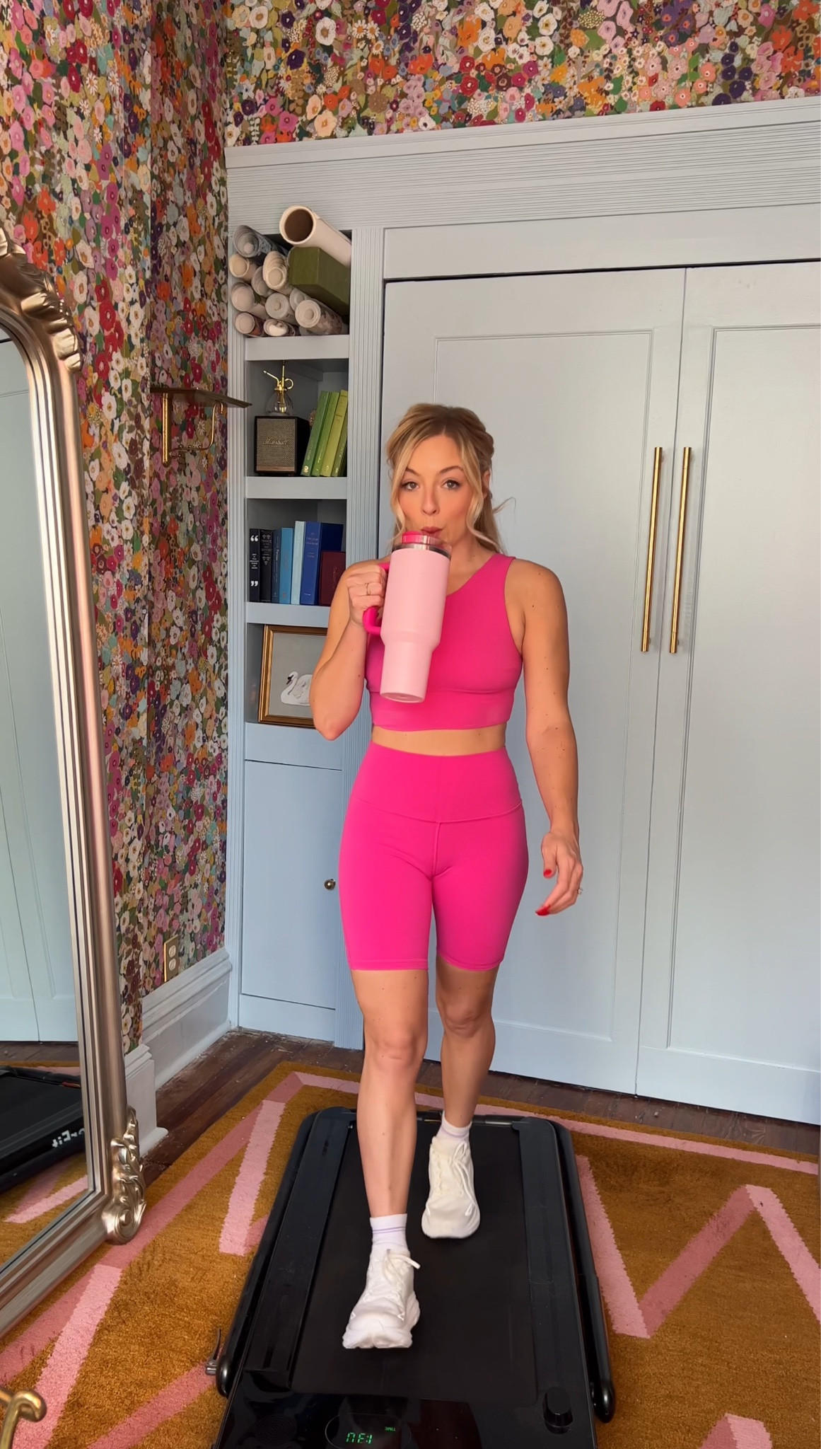 Walking pad outfits - lululemon Sonic pink asymmetrical sports bra and align biker shorts Hoka 
Wearing size 6 runs small (tts for lulu) 

#LTKfitness #LTKfindsunder100 #LTKsalealert