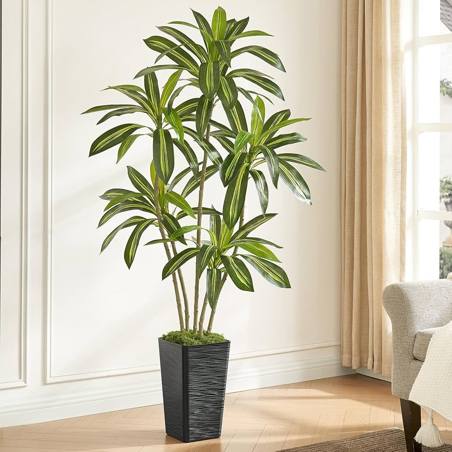 Artificial Dracaena Tree, 6FT Fake Tree with Black Tall Planter, Faux Yucca Tall Fake Floor Plant... | Amazon (US)