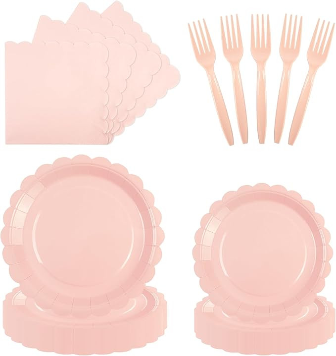 PUEVENYI 96PCS Pink Paper Plates and Napkins, 24 Guest Light Pink Disposable Scalloped Paper Plat... | Amazon (US)