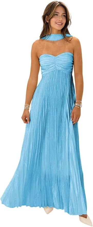Women's Strapless Chiffon Bridesmaid Dresses with Scarf Long A-Line Pleated Formal Evening Dress ... | Amazon (US)