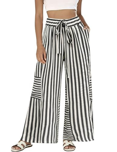 Bankeng Womens Summer Casual Striped Pants Loose Wide Leg Lounge Pants Elastic Waist Palazzo Trousers with Pockets (Black,S) | Amazon (US)