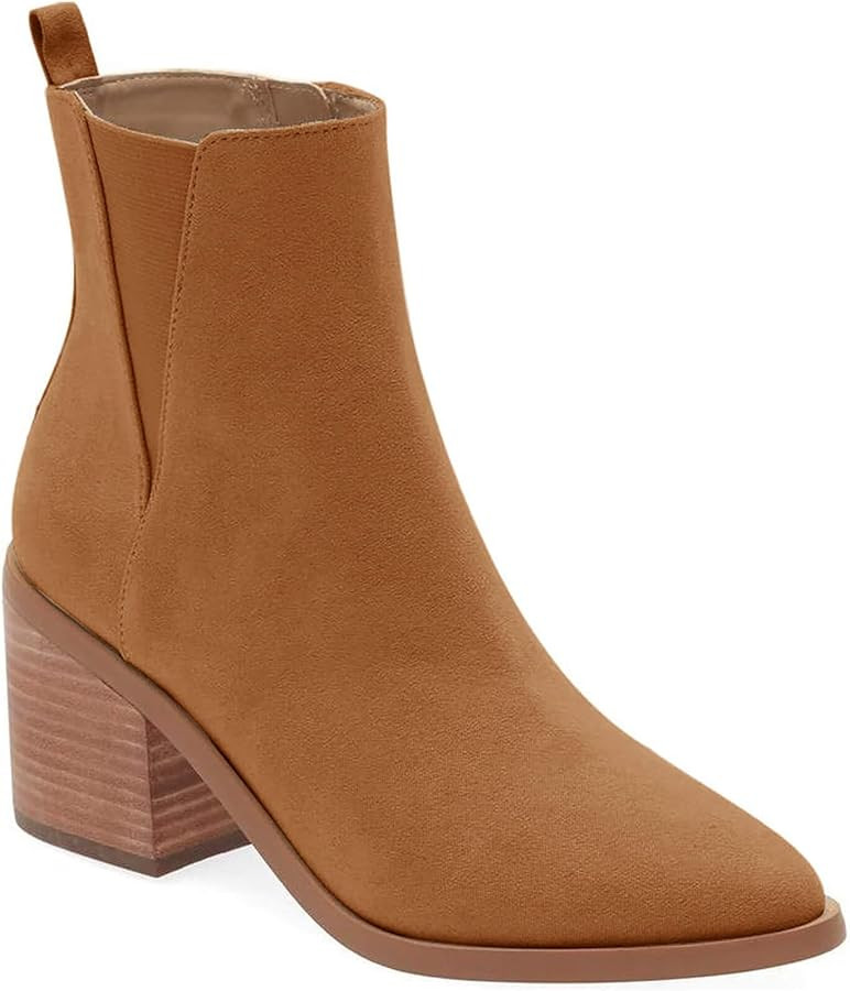 Coutgo Womens Pointed Toe Ankle Boots Chunky Block Stacked Heel Side Zipper Chelsea Fall Booties | Amazon (US)