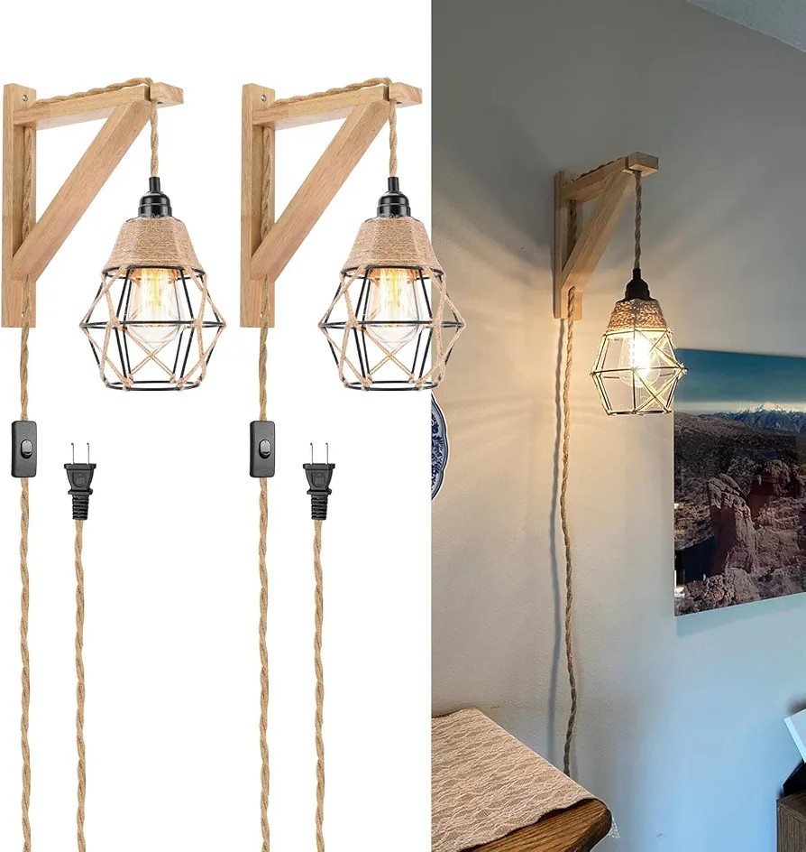 Frideko Wood Wall Sconces Set of Two Plug in, Rustic Wall Lamp with Plug in Cord, Farmhouse Wall ... | Amazon (US)