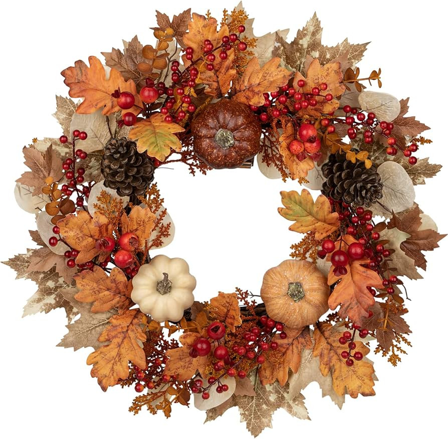 22" Artificial Fall Wreath for Front Door Autumn Harvest Wreath with Pumpkin Oak Maple Leaf Pine ... | Amazon (US)