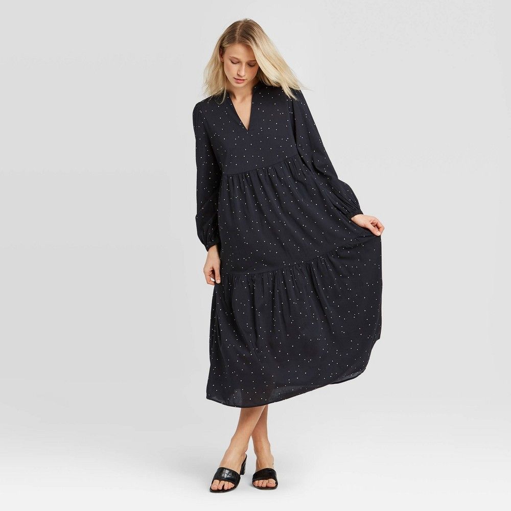 Women's Polka Dot Long Sleeve Tiered Flowy Dress - Who What Wear Black M | Target