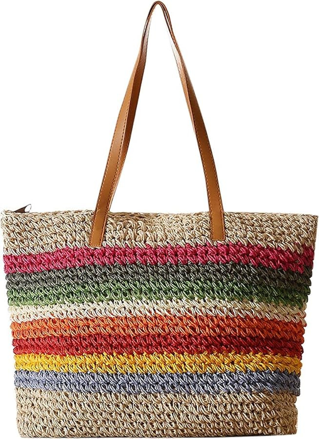 QZUnique Straw Rainbow Handbags Women’s Cotton Crochet Hand-Woven Tote Bag Top Handle Casual Shoulder Messenger Portable Bag | Amazon (US)
