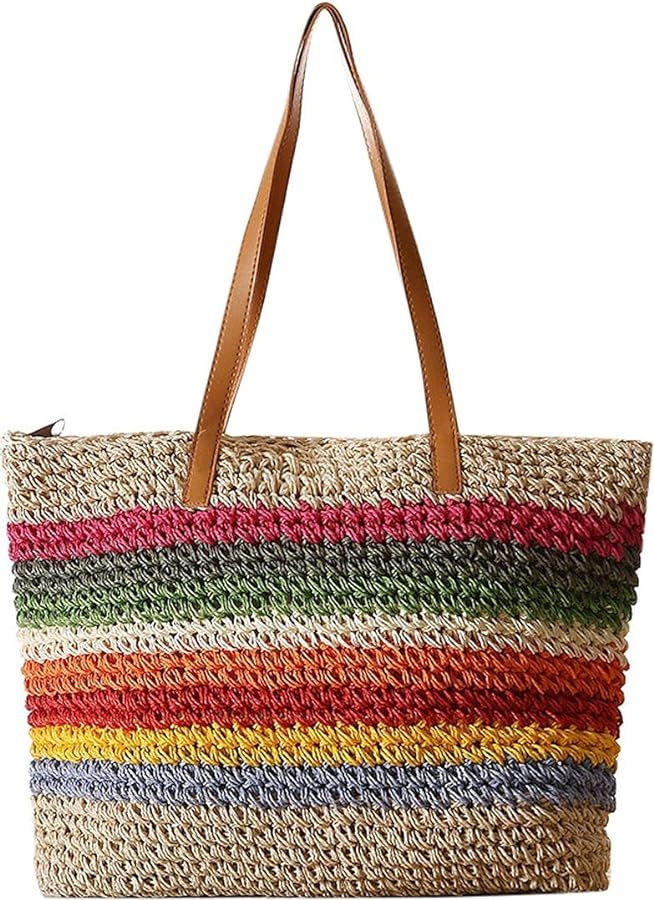 QZUnique Straw Rainbow Handbags Women’s Cotton Crochet Hand-Woven Tote Bag Top Handle Casual Shoulder Messenger Portable Bag | Amazon (US)