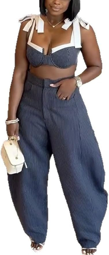 Travel Outfits for Women 2 Piece Sets Sexy Trendy Bow Tie Shoulder Strap Crop Top and Wide Leg Pa... | Amazon (US)