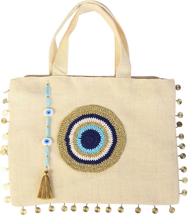 Tote Bag for Women with Handmade Crochet Evil Eye Natural Jute Beach Bag Waterproof Lining Off-Wh... | Amazon (US)